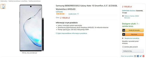 The promotional price of the Galaxy Note 10 on the Polish Amazon