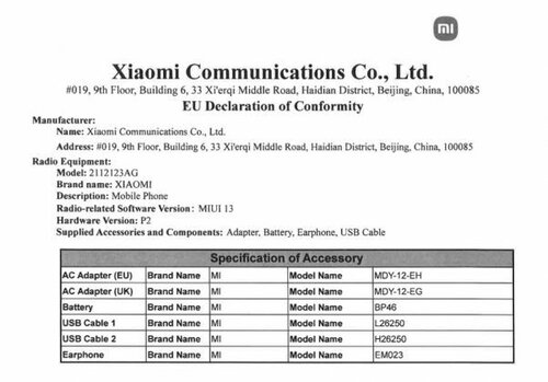 Deklaracja zgodności UE dla Xiaomi 12X