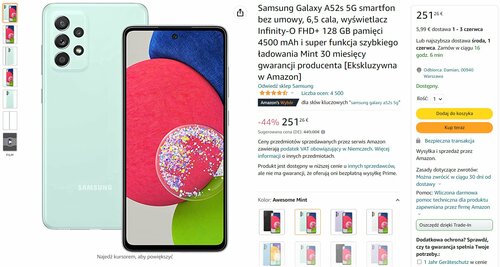 Samsung Galaxy A52s 5G cena Amazon