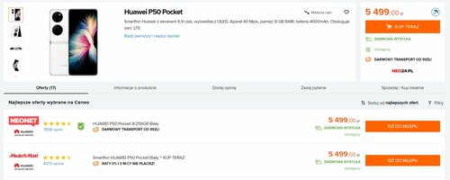 Huawei P50 Pocket w polskiej sprzedaży/ Dane Ceneo