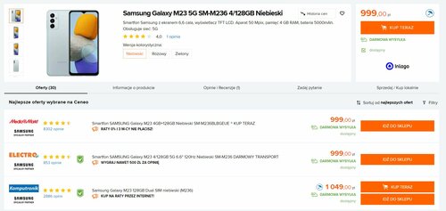 Samsung Galaxy M23 w polskiej sprzedaży/ Dane Ceneo