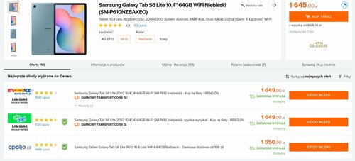 Samsung Galaxy Tab S6 Lite w polskiej sprzedaży/ Dane Ceneo