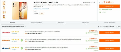 Vivo V23 5G w polskiej sprzedaży/ Dane Ceneo