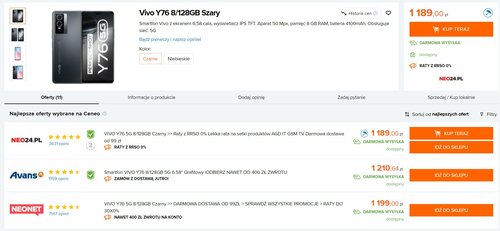 Vivo Y76 5G w polskiej sprzedaży/ Dane Ceneo
