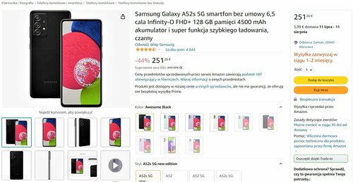 Samsung Galaxy A52s 5G 6/128 GB cena promocja Amazon