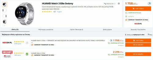 Huawei Watch 3 Elite w polskiej sprzedaży/ Dane Ceneo