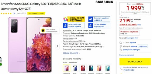 Samsung Galaxy S20 FE 5G 8/256 GB Media Expert promocja cena 2022