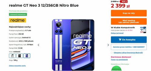 realme GT Neo 3 12/256 GB promocja cena Komputronik