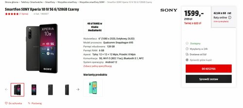 Smartfon SONY Xperia 10 IV 5G 6/128GB Czarny Media Markt