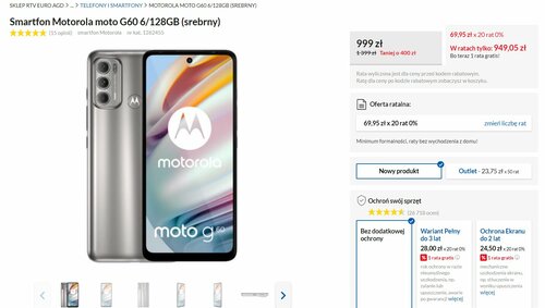 Smartfon Motorola moto G60 6/128GB (srebrny) promocja cena RTV Euro AGD raty 0%