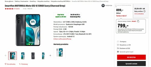 Smartfon MOTOROLA Moto G52 4/128GB Szary (Charcoal Grey) promocja cena Media Markt