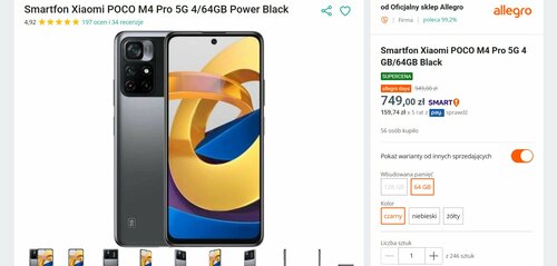 Smartfon Xiaomi POCO M4 Pro 5G 4/64GB Power Black Allegro promocja dobra cena