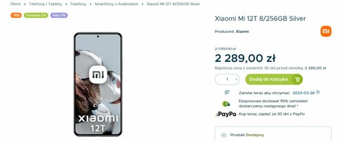 Xiaomi 12T 5G 8/256 GB promocja cena w Polsce